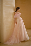 Pretty A Line Off The Shoulder Pink Satin Tulle Sequin Long Prom Dresses HZ1024