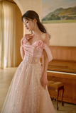 Pretty A Line Off The Shoulder Pink Satin Tulle Sequin Long Prom Dresses HZ1024