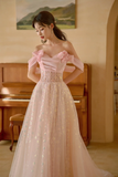 Pretty A Line Off The Shoulder Pink Satin Tulle Sequin Long Prom Dresses HZ1024
