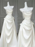 Elegant A Line Strapless Satin Beaded Pleated Long Wedding Dresses HZ1024