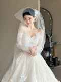 Vintage Ball Gown Off The Shoulder White Tulle Lace Long Sleeves With Veil Long Wedding Dresses HZ1024