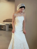 Vintage Mermaid Strapless Satin Lace Long Wedding Dresses HZ1024