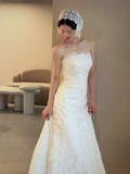 Vintage Mermaid Strapless Satin Lace Long Wedding Dresses HZ1024