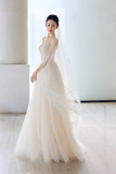 Vintage A Line Spaghetti Straps Tulle Applique Long Wedding Dresses HZ1024
