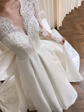 Elegant Ball Gown V Neck Satin Lace Long Sleeves With Veil Long Wedding Dresses HZ1024
