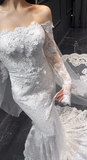 Classy Mermaid Off The Shoulder White Lace Long Sleeves With Veil Long Wedding Dresses HZ1024