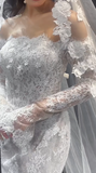 Classy Mermaid Off The Shoulder White Lace Long Sleeves With Veil Long Wedding Dresses HZ1024