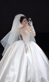 Timeless Ball Gown Strapless Satin Applique With Veil Gloves Long Wedding Dresses HZ1024