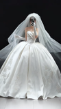 Timeless Ball Gown Strapless Satin Applique With Veil Gloves Long Wedding Dresses HZ1024