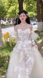Pretty A Line Off The Shoulder Tulle Applique Long Sleeves Long Wedding Dresses HZ1024