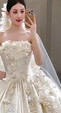 Dreamy Ball Gown Strapless Satin Applique With Veil Long Wedding Dresses HZ1024