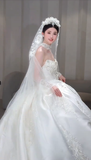 Dreamy Ball Gown Strapless Satin Applique Beaded With Veil Long Wedding Dresses HZ1024