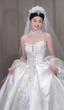 Dreamy Ball Gown Strapless Satin Applique Beaded With Veil Long Wedding Dresses HZ1024