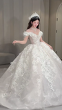 Pretty Ball Gown Off The Shoulder Tulle Lace Long Wedding Dresses HZ1024