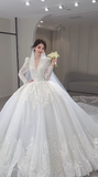 Timeless Ball Gown V Neck Tulle Lace Long Sleeves With Train Long Wedding Dresses HZ1024