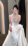 Sexy Mermaid Off The Shoulder Satin Beaded Slit Long Wedding Dresses HZ1024