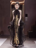 Sexy A line High Neckline Long Black Prom Dress HZ1024