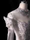 Luxurious Ball Gown Off The Shoulder Tulle Lace Sequin Beaded Long Sleeves Long Wedding Dresses HZ1024