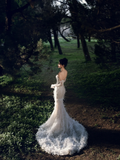 Dreamy Mermaid Strapless Tulle Lace Beaded Long Wedding Dresses HZ1024