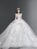 Gorgeous Ball Gown Tulle Lace Long Sleeves Long Wedding Dresses HZ1024