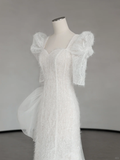 Chic Pretty Mermaid Satin Tulle Feather Short Sleeves Long Wedding Dresses HZ1024