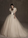 Unique Ball Gown Sweetheart Satin Tulle Long Wedding Dresses HZ1024