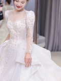 Timeless Ball Gown Satin Tulle Applique Beaded Long Sleeves Long Wedding Dresses HZ1024