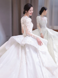 Timeless Ball Gown Satin Tulle Applique Beaded Long Sleeves Long Wedding Dresses HZ1024