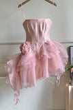 Spaghetti Straps Sleeveless Floral Tulle Satin A-Line Mini Homecoming Dress HZ1024