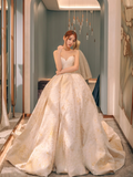 Dreamy Ball Gown Strapless Satin Beaded Long Wedding Dresses HZ1024