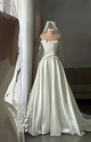 Elegant A Line Strapless Satin Applique With Veil Long Wedding Dresses HZ1024
