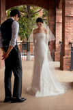 Elegant Mermaid Strapless Satin Tulle Lace With Veil Long Wedding Dresses HZ1024