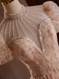 Elegant Ball Gown High Neckline Pink Tulle Party Dress Lace Homecoming Dresses HZ1024