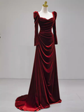 Sexy Mermaid Long Sleeves Burgundy Velvet Prom Dresses HZ1024