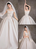 Classy Ball Gown Strapless Satin Lace With Veil Long Wedding Dresses HZ1024