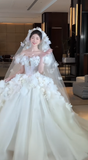 Pretty Ball Gown Strapless Tulle Applique With Veil Long Wedding Dresses HZ1024