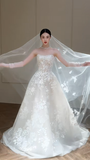 Dreamy Ball Gown Strapless Tulle Lace With Veil Long Wedding Dresses HZ1024