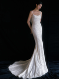 Shiny Mermaid Spaghetti Straps Satin Sequin With Veil Long Wedding Dresses HZ1024