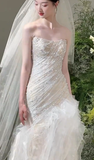 Dreamy Mermaid Strapless Tulle Beads With Veil Long Wedding Dresses HZ1024