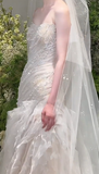 Dreamy Mermaid Strapless Tulle Beads With Veil Long Wedding Dresses HZ1024