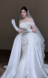 Timeless Ball Gown Off The Shoulder Satin Lace Applique With Gloves Veil Long Wedding Dresses HZ1024