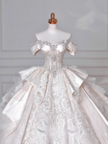 Timeless Ball Gown Off The Shoulder Satin Tulle Lace Sequin Beads Long Wedding Dresses HZ1024