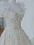 Unique A Line Tulle Sequin Beads Applique Short Sleeves Long Wedding Dresses HZ1024