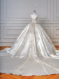Gorgeous Ball Gown Strapless Satin Sequin Beads Long Wedding Dresses HZ1024