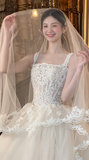 Sweet Ball Gown Square Tulle Lace With Veil Long Wedding Dresses HZ1024