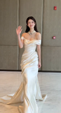 Pretty Mermaid Off The Shoulder Satin Pleated Long Wedding Dresses HZ1024