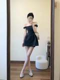 Black A Line Off The Shoulder Satin Short Homecoming Dress 16th Birthday Outfits HZ1024
