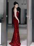 Sexy Mermaid Burgundy Sequin Prom Dresses HZ1024