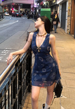 Navy A Line V Neck Satin Chiffon Printed Short Homecoming Dress Birthday Outfits HZ1024