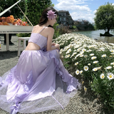 Lilac A Line Spaghetti Straps Satin Tulle Ruffles Long Prom Dresses Formal Dress HZ1024